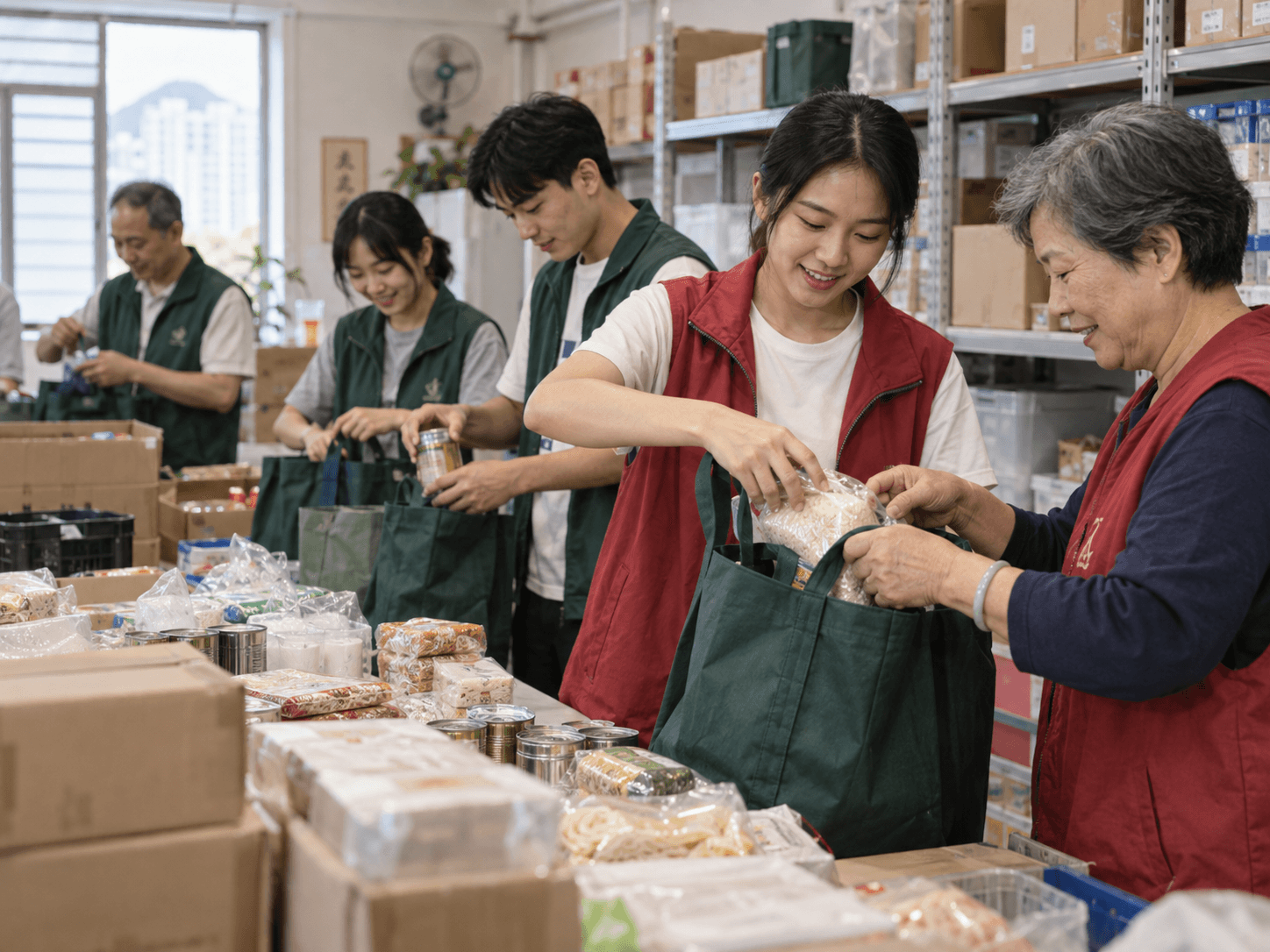 Volunteers of different ages packing food and daily necessities together