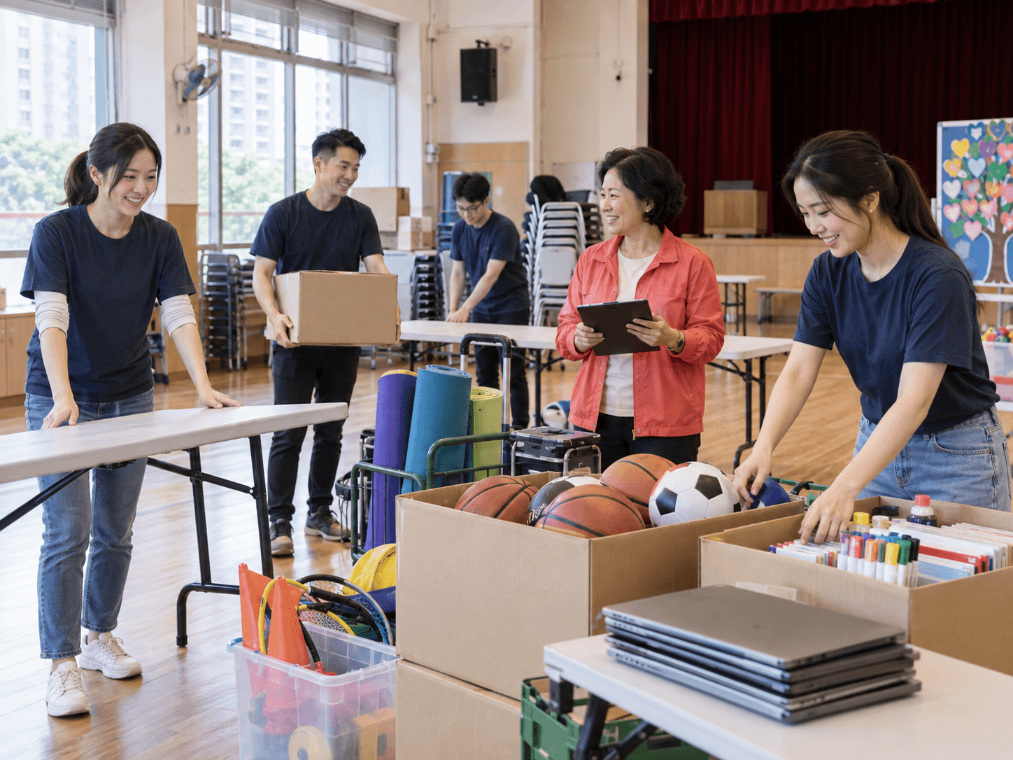 Company employee volunteers preparing equipment and resources for a community programme