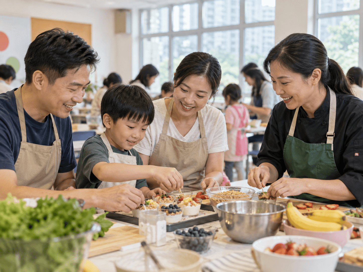 A family taking part in a healthy snack workshop at a community centre