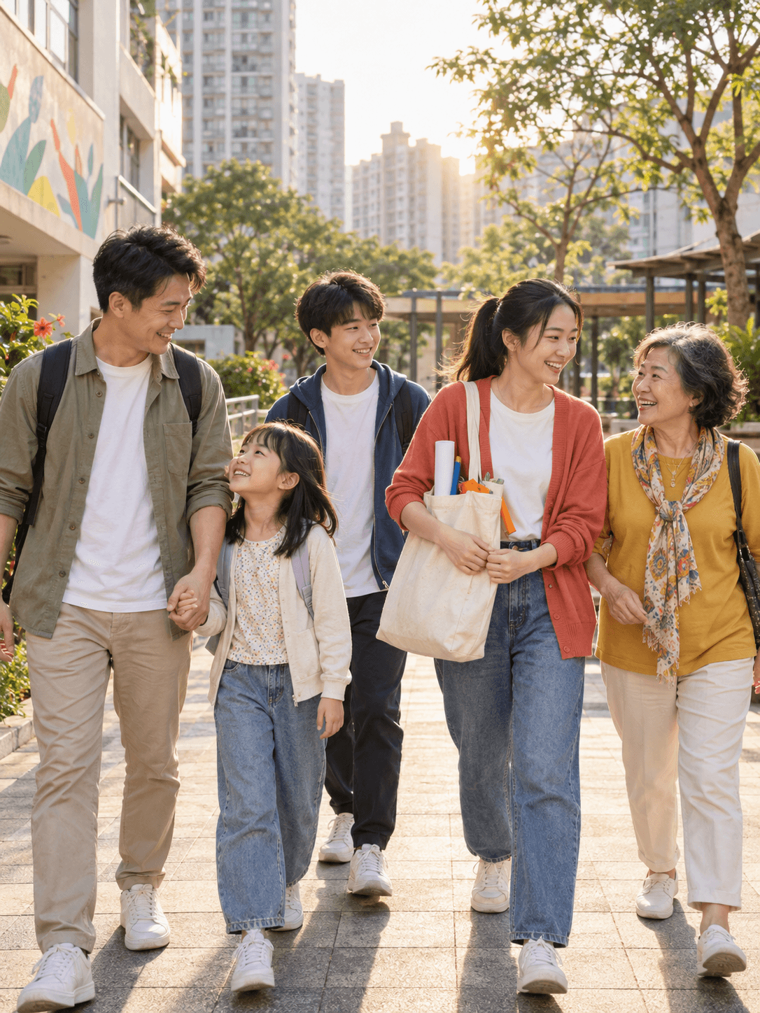 A child, young person, parent, volunteer and older adult walking together outside a Hong Kong community centre