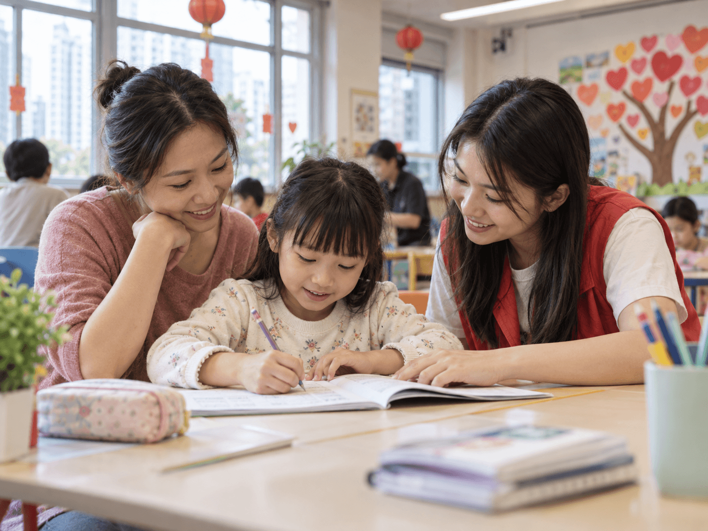 A parent, child and volunteer learning together at a community centre