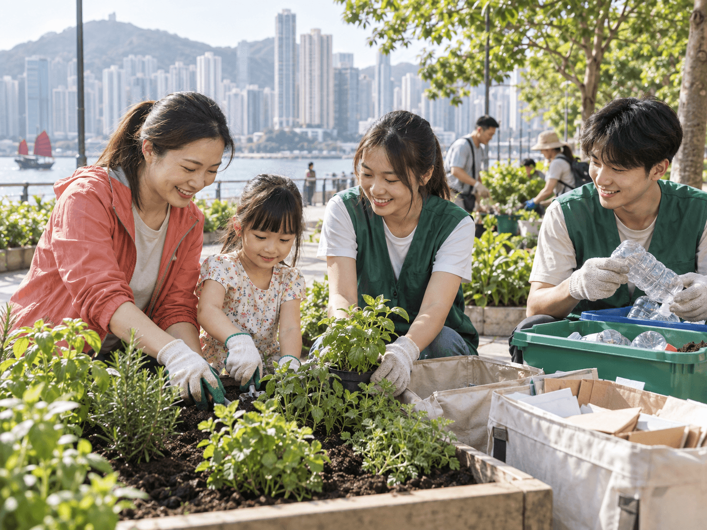 A family and young volunteers planting and recycling in a Hong Kong neighbourhood