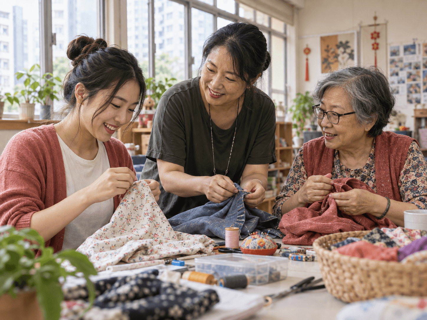 Women of different ages sharing sewing skills at a community centre