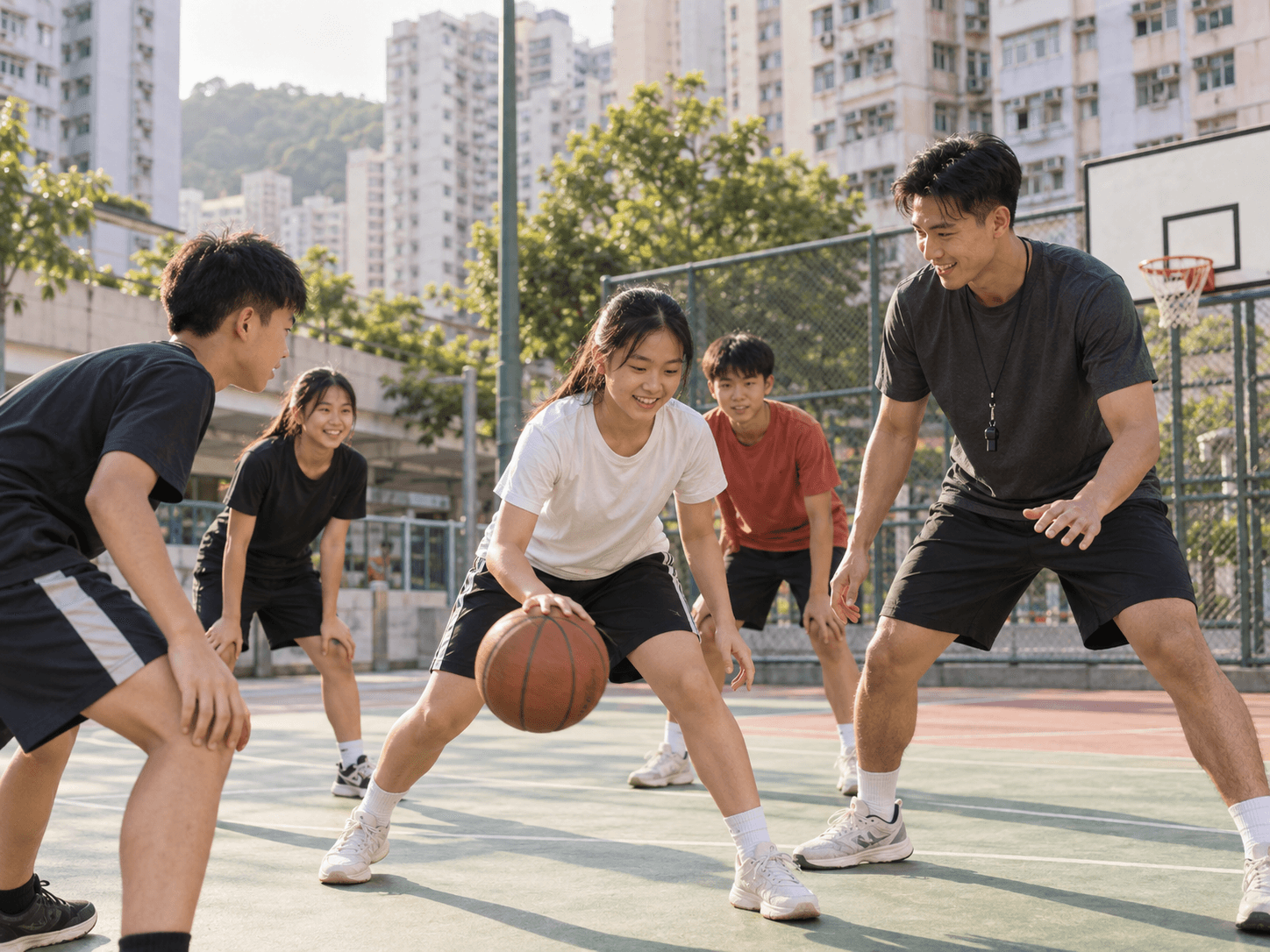 Young people training with a volunteer coach on a Hong Kong community basketball court